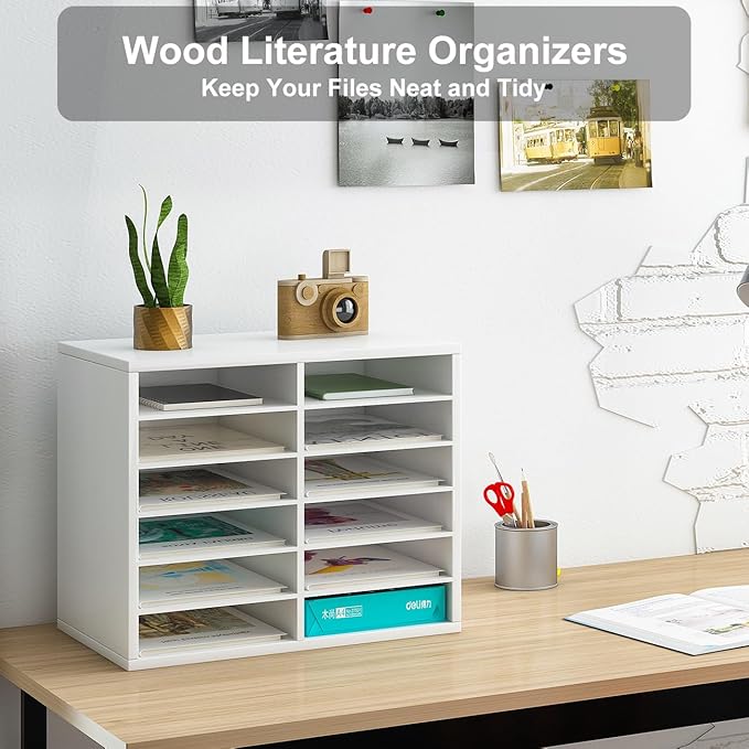 PAG Countertop Mail Sorter Organizer, Wooden Literature Organizer, Student Mailbox for Classroom, Desktop Bill Organizer for Office Home School, 12 Compartments, White
