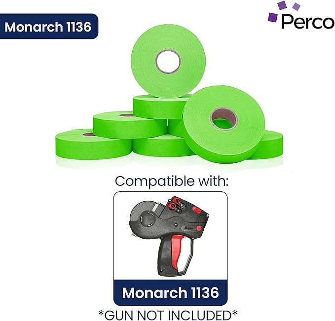 Perco Fluorescent Green Pricing Labels for Monarch 1136 Price Gun - 8 Rolls, 14,000 Pricemarking Labels