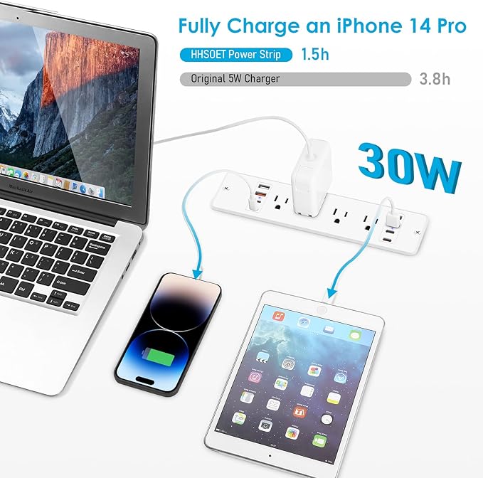 HHSOET 16 in 1 Recessed Power Strip Flat Plug, 30W Fast Charging Furniture Outlet with USB, Conference Recessed Surge Protection with 8 AC Plugs, 4 USB Ports 4 USB-C, 10ft Power Cord.(White)