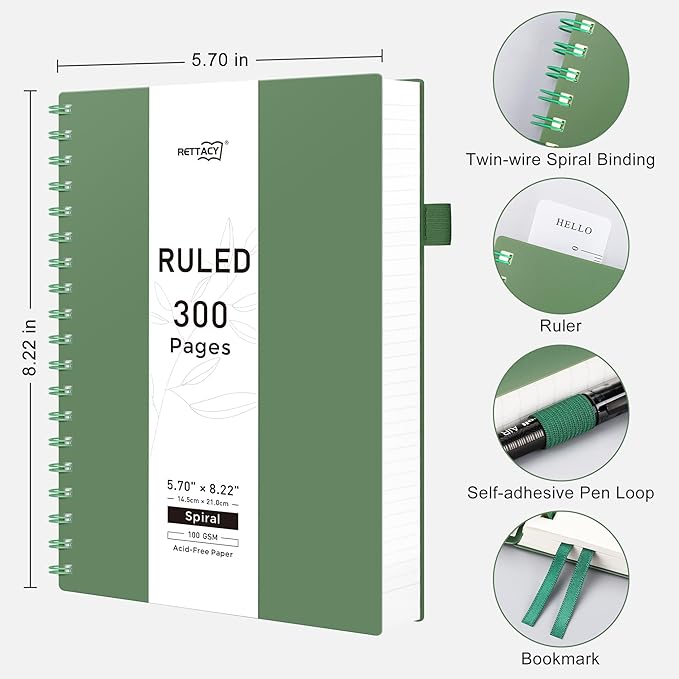 RETTACY Spiral College Ruled Notebook, 300 Pages, A5 Medium Size (5.7" x 8.2"), for School, Work, Writing, Journaling, 100 GSM Thick Paper, Flexible Plastic Cover (Dark Green)