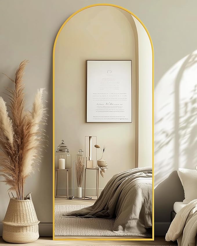 Full-Length Floor Mirror with Stand, 71"x28" Arched Style Full Body Standing Mirror for Bedroom, Living Room, Gym, Dorm - Shatter-Resistant & Easy Assembly, Gold