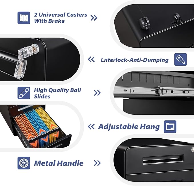Rolling File Cabinet with Lock, 3 Drawer Metal Mobile Filing Cabinet Office Under Desk for Legal/Letter Size, Fully Assembled Except Casters