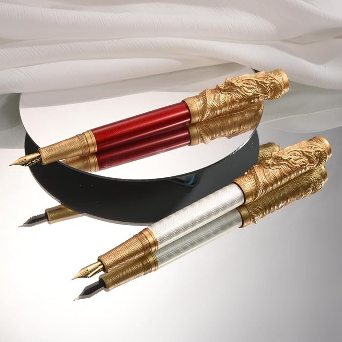 Hongdian A24 Fountain Pen Fine Nib, Bright Red & Golden Dragon Stereoscopic Carving Cap Design