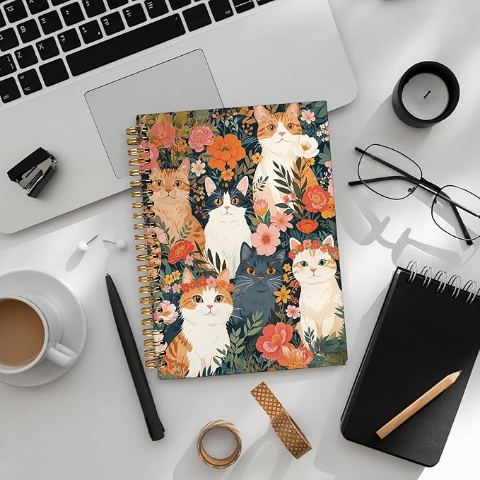 Cat Notebook Journal for Teen Girls, Black Cat Floral Spiral Notebook for School Supplies, Cute Notebooks for School Aesthetic, Cat Lover Gifts for Women Men 5.5x8.3 Inch