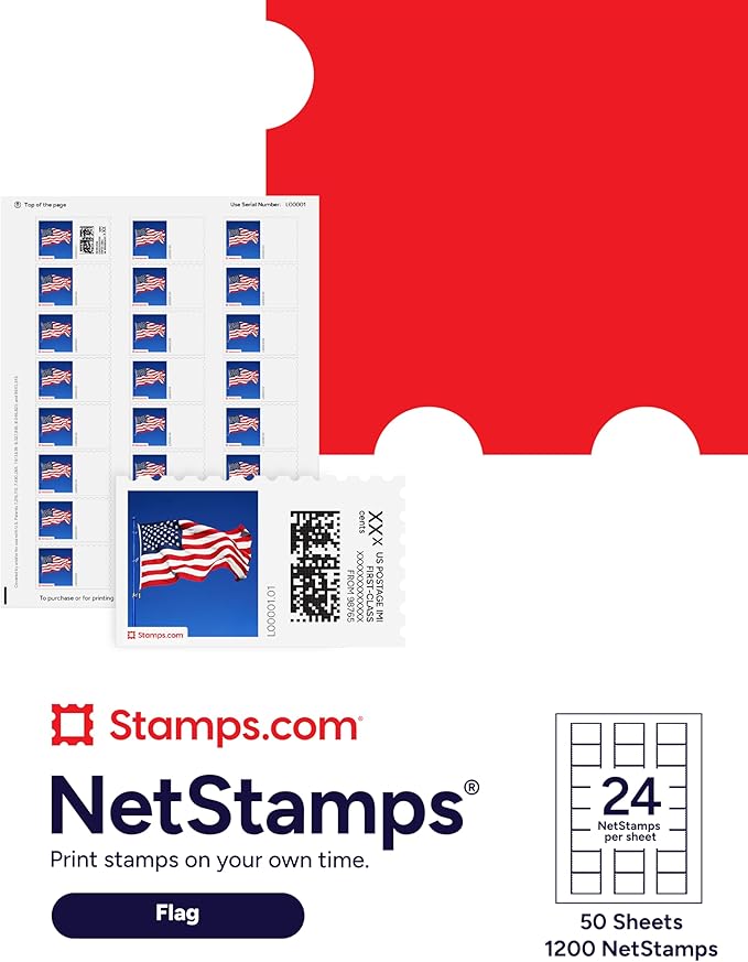 Flag NetStamps 1200-Pack (50 Sheets) Printable Postage Labels (Stamps.com Subscription Required) - Print Approved Postage - Inkjet & Laser Printers - Business, Personal, Home