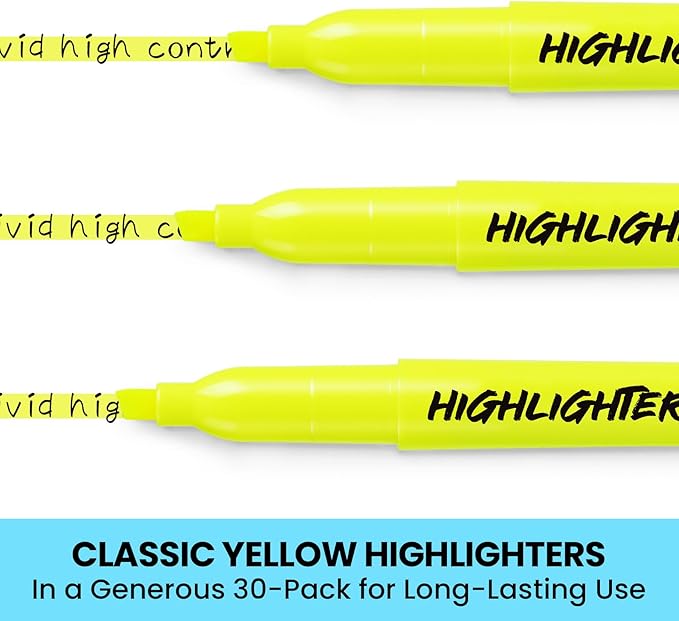 Taja 30 Pack Yellow Highlighters Bulk, Chisel Tip Highlighters Markers Set with No Bleed Ink, Perfect for School & Office Supplies