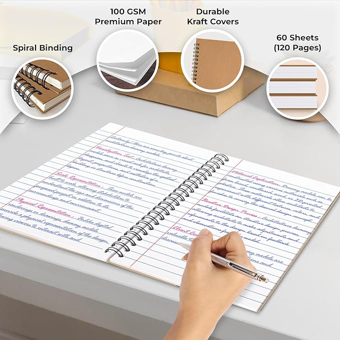 48 Pack Kraft Spiral Notebook, A5 College Ruled, 5.8 x 8.3, 120 Pages (60 Sheets), 100 GSM Thick Paper, Hardcover Planner Notebooks, Travel Writing Journals, Bulk Home Office School Supplies