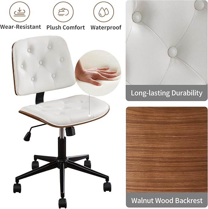 Small Home Office Chair – Adjustable Height, Armless PU Leather Mid-Back Desk Chair with Swivel Wheels, Walnut Finish, Perfect for Study or Bedroom, White