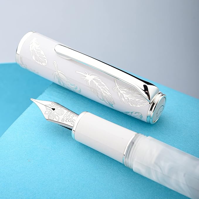 Hongdian N8 White Acrylic Resin Fountain Pen, Iridium Medium Nib Silver Plated Feather Carving Cap Smooth Writing Pen with Converter and Metal Pen Box Set