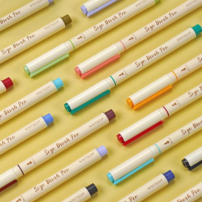 WRITECH Arts Sign Brush Pen Brush Tip Marker Felt Tip Water Based Ink Color Pens 12 Assorted Pastel Colors Great for Lettering, Journaling, Calligraphy (Natural)