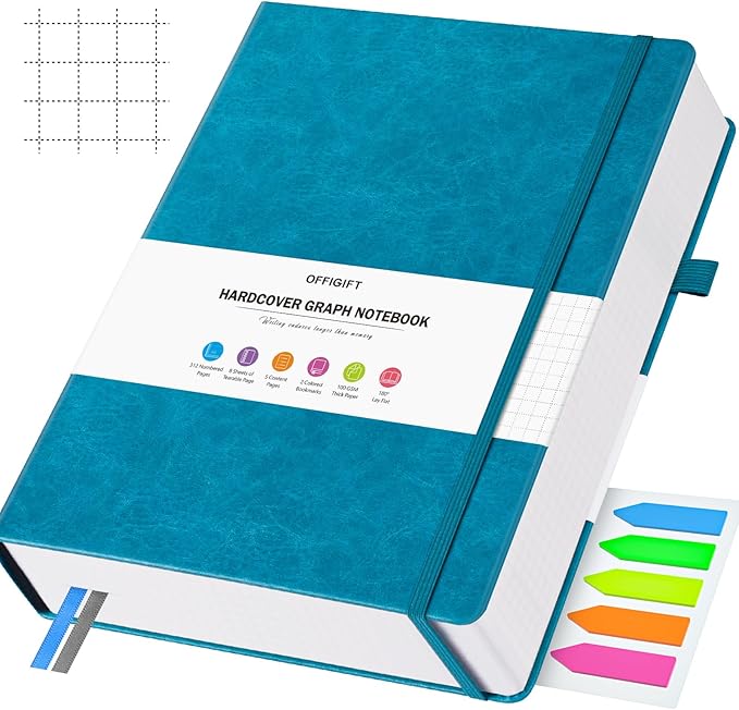 Graph Paper Notebook, 312 Numbered Pages Large A5 Hardcover Leather Journal, 100gsm No Bleed Grid Paper Notebook with Index Pages, Grid Notebook for Graphing Notes Math, 5.75" x 8.38", Blue