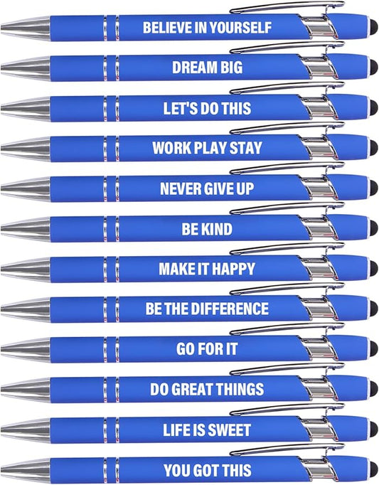 Funny Pens, 12 Pcs Pens Fine Point Smooth Writing Pens, Inspirational Ballpoint Pens with Screens Touch Stylus Tips, Blue Ink 1.0 Mm Pens Gift Office Desk Accessories, Motivational Stylus Pens