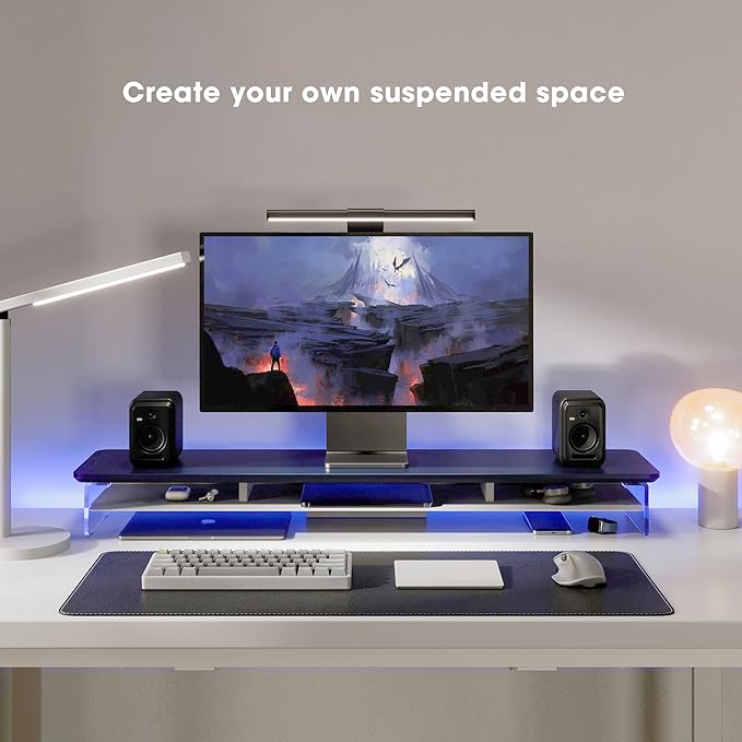 Fenge Acrylic Monitor Stand Riser, 42.5 Inches Dual Monitor Stand with Metal Storage, 2 Tier Acrylic Computer Riser for Desk, Clear Laptop Stand for PC, Laptop, Printer, TV, Blue