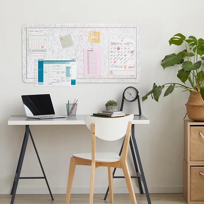 Bulletin Board, 35 x 17 1/2 inches Felt Board - Decorative Pin Board, Cork Board Alternative for Wall, Foldable Picture Board Self-Adhesive Vision Board Prayer Board with 20 Pushpins - Marble White