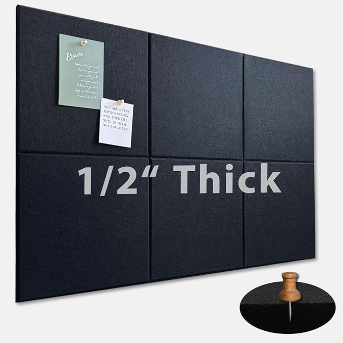 Large Cork Board for Office Wall Decor,36"x24"-6 Pack Cork Board Tiles with Safe Removable Adhesive Tabs, 1/2" Thick, Felt Bulletin Board Pin Board Cork Boards for Walls - Black