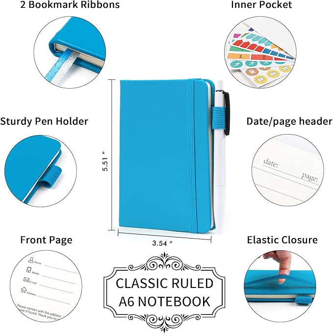 feela 6 Pack Pocket Mini Notebooks Bulk, Small Cute Memo Notepads Hardcover College Ruled Lined Journals with Pen Holder for School Business Work, with 6 Black Pens, 3.5”x 5.5”, A6, Teal