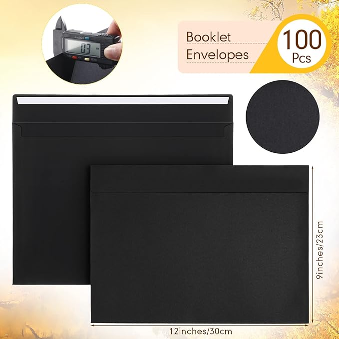 Crtiin 100 Pcs 9 x 12 Open End Booklet Envelopes 80 lb 120gsm Catalog Envelopes with Closure for Mailing Catalog Financial Document Magazine Pamphlet Business(Black)