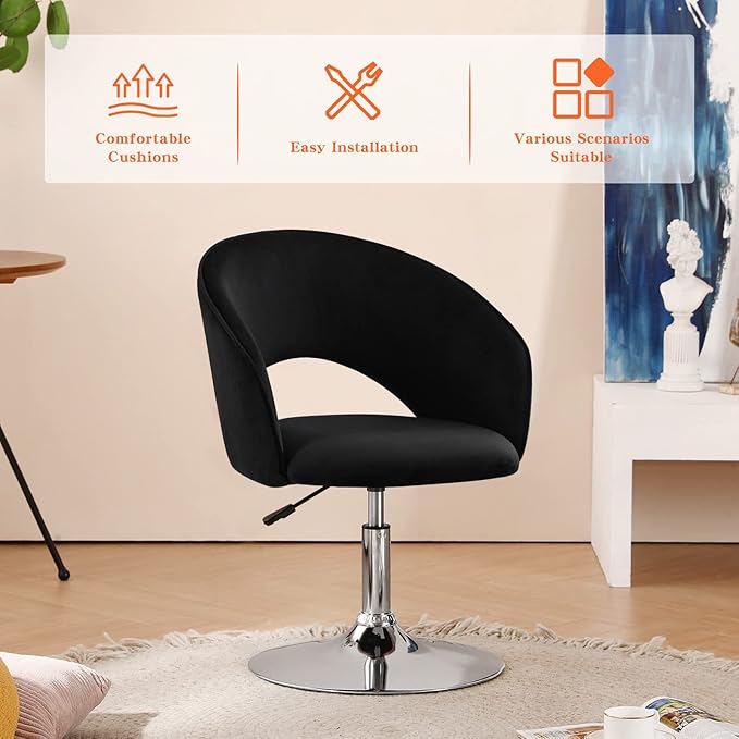 Furnimart Adjustable Black Vanity Chair with Back, Velvet Makeup Chair Swivel Accent Chair with Chrome Frame Hollow Backrest, Side Chair for Living Room, Makeup Room, Bedroom (Black)