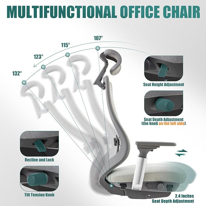 COLAMY Ergonomic Mesh Office Chair, High Back Computer Executive Desk Chair with Adjustable Headrest and 4D Arms, Slide Seat, Tilt Lock-Light Grey