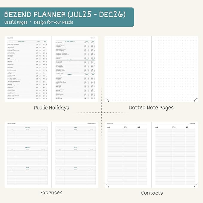 BEZEND Planner 2025-2026 Weekly and Monthly, 5.8" x 8.5" Academic Calendar (Jul 25-Dec 26) Vertical Daily Appointment with Hourly Timeslot & Monthly Tab, Spiral, PU Leather Softcover - Lavender