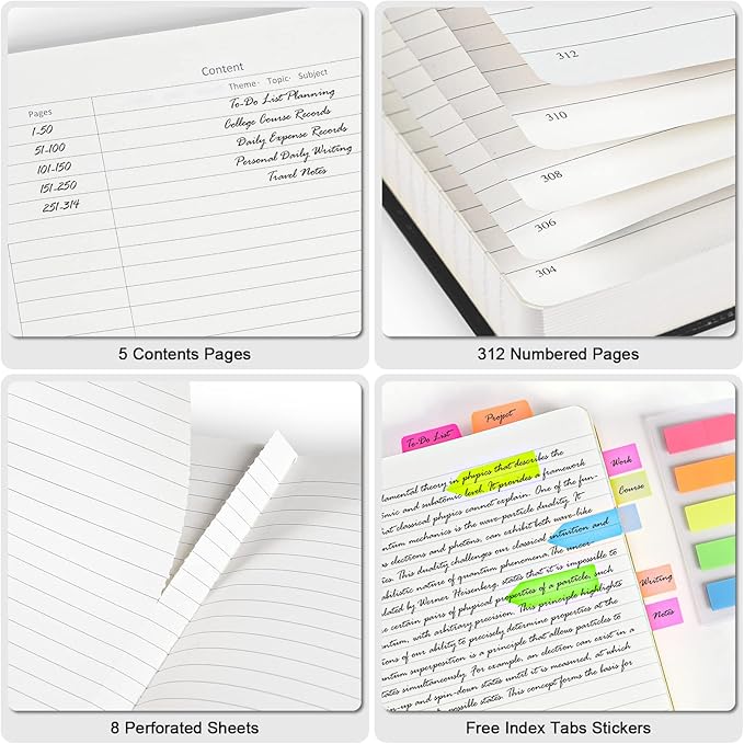 Lined Journal Notebook, Large A5 College Ruled Notebook, 312 Numbered Pages Work Notebook with Index Stickers, 100gsm Thick Paper, Hardcover Vegan Leather Journal for Women Men School Office, Green