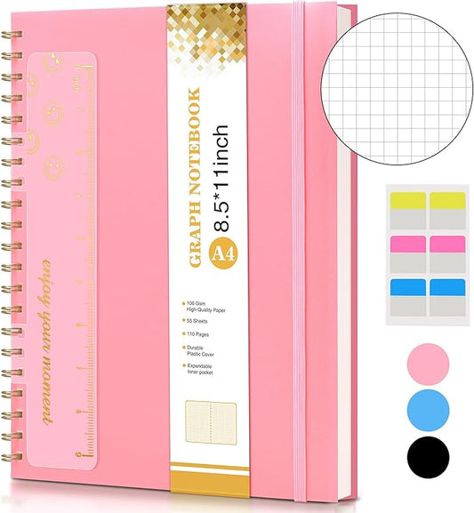 Graph Paper Notebook, Spiral Notebook Journal 8.5” x 11”, A4 Large Grid Notebooks for Women Men, 100 GSM Graph Paper, Plastic Hardcover Spiral Graphing Journals for Work School Engineering, Pink