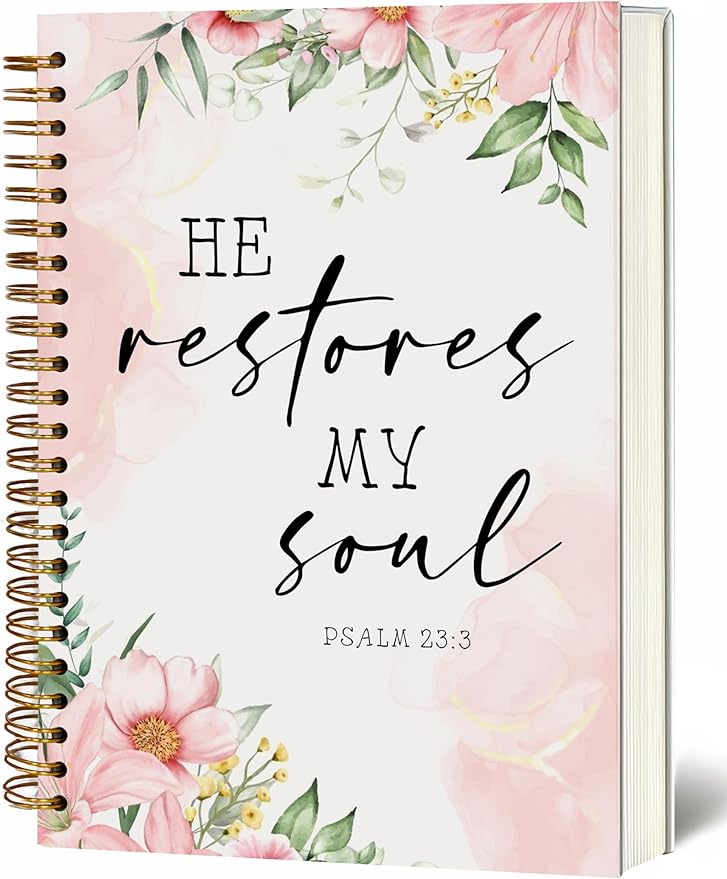 Bible Notebook, A5 Spiral Christian Journal with Floral Pink Butterfly Notebook, Bible Verse-He Restores My Soul, Inspirational Notebooks for Women, Bible Study, Gift for Birthday Christmas, Office Supplies (Light pink)