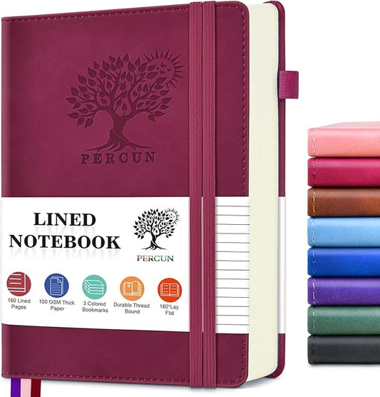 PERCUN Lined Journal Notebook for Men & Women, 160 Pages College Ruled Journal for Writing, A5 Hardcover Leather Notebooks for Work, School, Business, Travel, Daily Diary 5.9" x 8.5" - Burgundy
