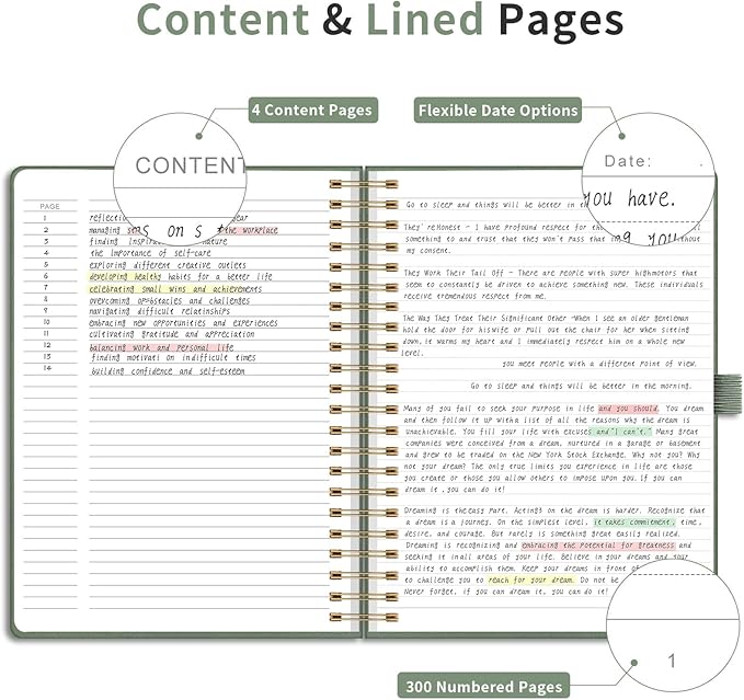 EMSHOI Spiral Notebook College Ruled, 300 Numbered Pages, A4 Large Hardcover Leather, 100 GSM Thick Lined Journal for Women Men Work Writing Journaling Note Taking, 8.27" x 11.2", Light Green