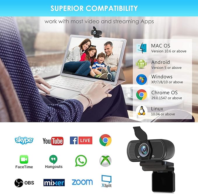 Full HD 1080P Webcam with Privacy Shutter and Tripod, Pro Streaming Web Camera with Microphone, Widescreen USB Computer Camera for Laptop Desktop
