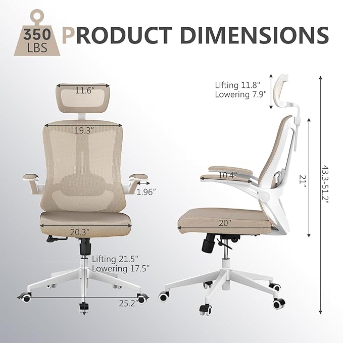 Desk Offiice Chair, Ergonomic Comfy Mesh Chair, Home High Back Gaming Executive Chair with Wheels, Compute Capacity 350LBS, Lumbar Support, Adjustable Headrest, Flip-up Armrest