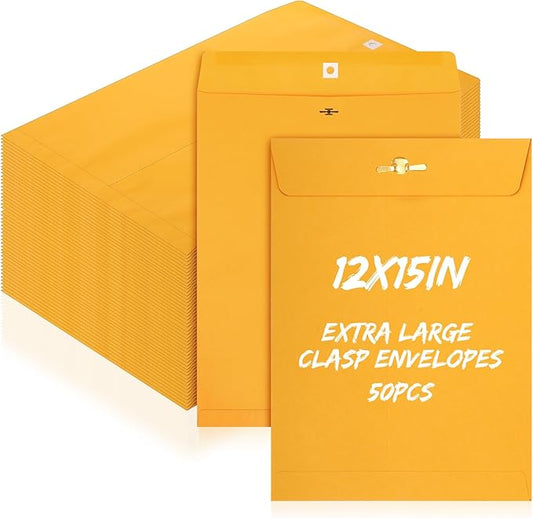 50 Pcs 12 x 15 Inch Extra Large Mailing Clasp Envelopes Jumbo Kraft Catalog Manila Envelope with Clasp Closure for Oversized Big Documents Office Home Business Legal School Storing Mailing