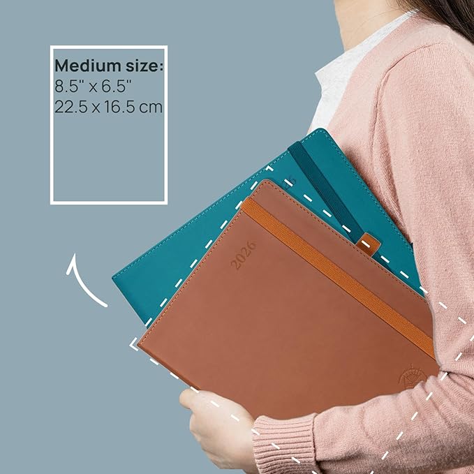 POPRUN 2026 Planner (Medium - 6.5'' x 8.5'') - 2026 Weekly Calendar ((Jan. 2026 - Dec. 2026) with Hourly Time Slots, Weekly/Monthly Appointment Book for Time Management - Leather Soft Cover - Brown