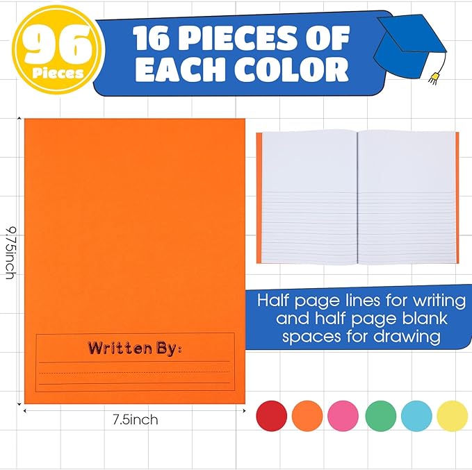 Henoyso 96 Pcs Primary Composition Notebook K-2 9 3/4 x 7 1/2 Inch Primary Journal, Back to School Supplies, Bulk Blank Writing Book for Kid to Write Draw Journal 60 Page Notebooks (Colorful)