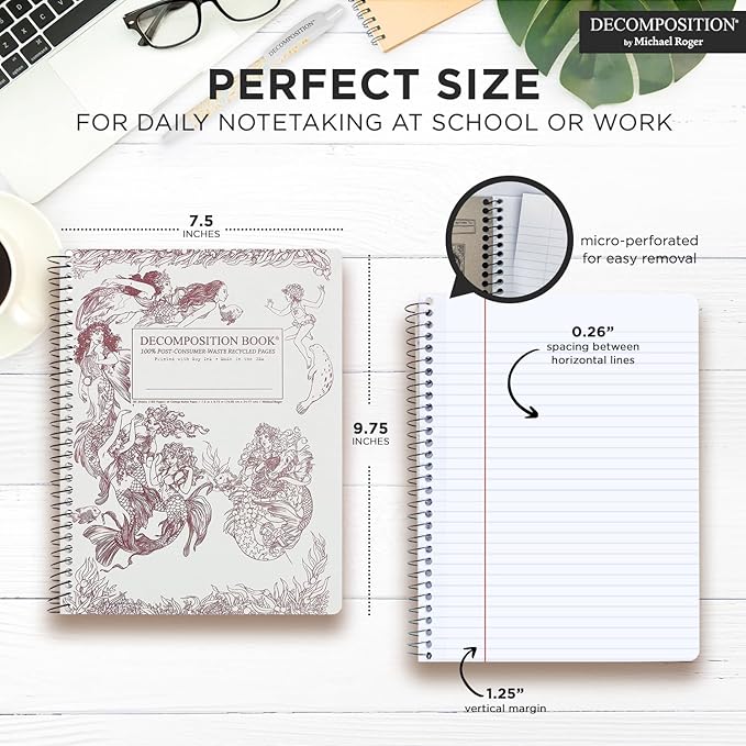 Decomposition Mermaids College Ruled Spiral Notebook - 9.75 x 7.5 Journal with 160 Lined Pages - 100% Recycled Paper - Cute Notebooks for School Supplies, Home & Office - Made in USA