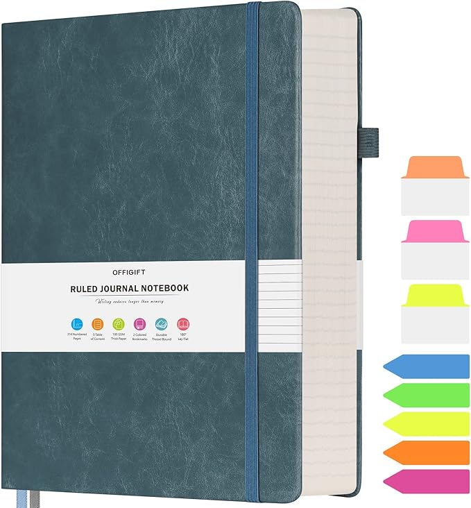 College Ruled Notebook, Large B5 Lined Journal Notebook, 314 Numbered Pages Work Notebook with Index Stickers, 100gsm Paper, Hardcover Vegan Leather Journal for Women Men School Office, Grey Blue