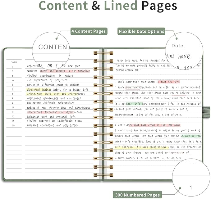 EMSHOI Spiral Notebook College Ruled, 300 Numbered Pages, A5 Small Hardcover Leather, 100 GSM Thick Lined Journal for Women Men Work Writing Journaling Note Taking, 5.7" x 8.22", Light Green