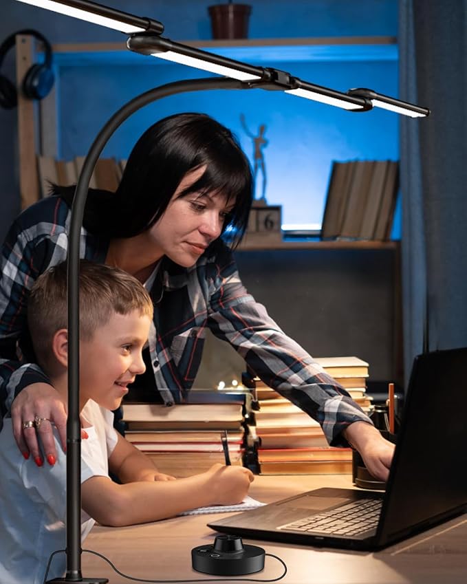 LED Desk Lamp with Clamp, 24W Ultra Architect Desk Lamp for Home Office, Stepless Dimming & Adjustable Gooseneck, Eye-Caring Light with USB Adapter for Reading, Study, Multi-Screen Setup (Black)