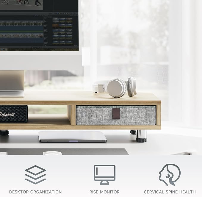 Fenge Monitor Stand, Dual Monitor Stand with 2 Drawers, Monitor Riser for 2 Monitors, Adjustable Height Computer Stand, Office Monitor Stands for Desk, Laptop, PC, TV, Printer