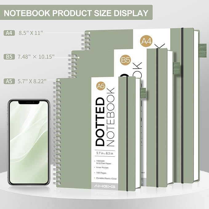 AHGXG Bullet Dotted Journal - Dot Grid Spiral Notebook A5, 160 Pages, 100 GSM Thick Paper, Waterproof Plastic Cover Journals for Bullet Journaling, Sketching, 5.7" x 8.3", Sage Green