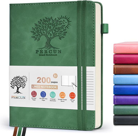 Lined Journal Notebook for Men & Women,200 Pages A5 Hardcover Leather Notebook (5.9"x8.5"), Travel Journal for Work, School, Business Writing, Note Taking, Notepad Diary (Green)
