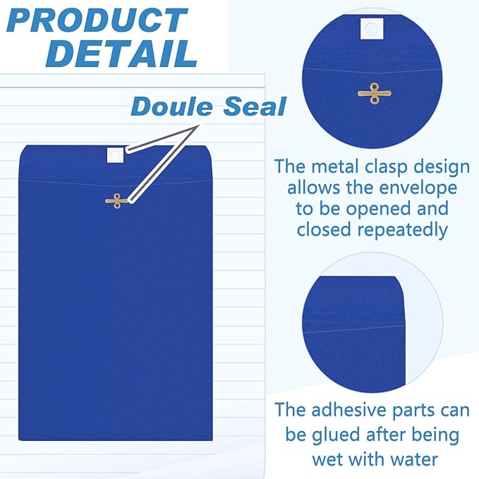 Geyee 100 Pcs Clasp Manilla Envelopes 9 x 12 Inch Gummed Colored Envelopes for Storing or Mailing for Home Office Business Supplies(Navy Blue)
