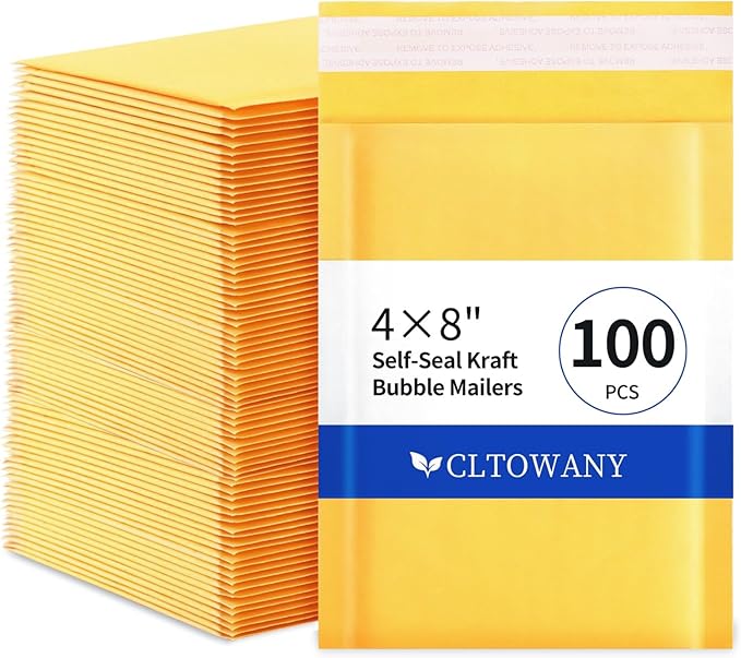 Kraft Bubble Mailers 4×8' Inch 100 Pack Yellow shipping envelopes Self-Seal Padded Mailing Envelopes for Jewelry Makeup Supplies and Small Business Packaging