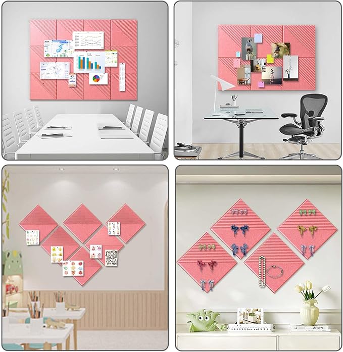 Large Cork Board for Walls 48"x 36", 12 Pack Felt Wall Tiles with Safe Removable Adhesive Tabs, Cork Board for Office,Pinboard Bulletin Board - Pink