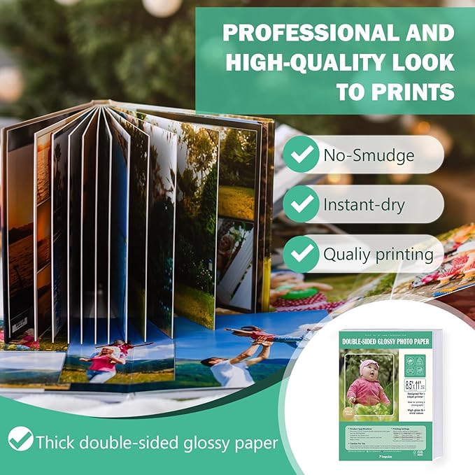 Double Sided Glossy Photo Paper for Inkjet Printer 8.5x11, Thick Glossy Paper for Cardstock 61lb, 100 Sheets