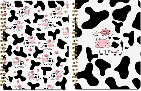 2 Pcs Cow Spiral Notebooks for Work, A5(8.3x5.8inch) Composition Notebook College Ruled Note Book, Pink Flowers Hardcover Notepads Diary Lined Travel Journal for Writing, Cute Cow Gifts for Women