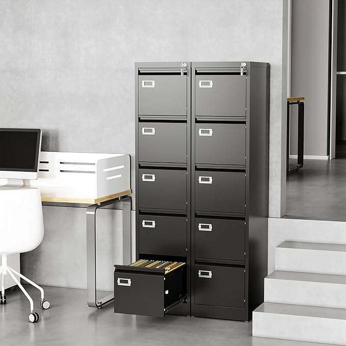 File Cabinets - 5 Drawers Vertical 17.8" Deep Lockable Filing Cabinet - Black & Gray Metal Storage Cabinets for Home Office to Hanging Files Letter/Legal/F4/A4 Size