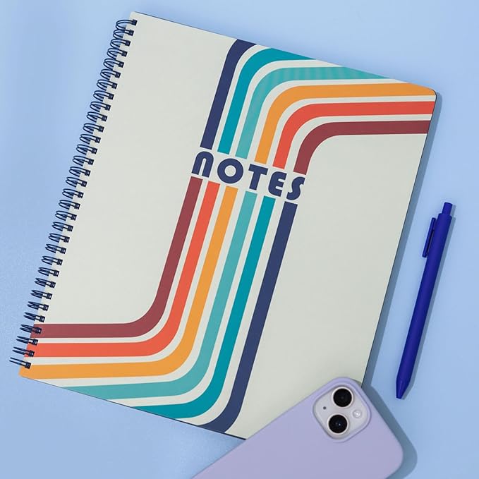 Steel Mill & Co Cute Large Spiral Notebook College Ruled, 11" x 9.5" with Durable Hardcover and 160 Lined Pages (Retro Stripe)