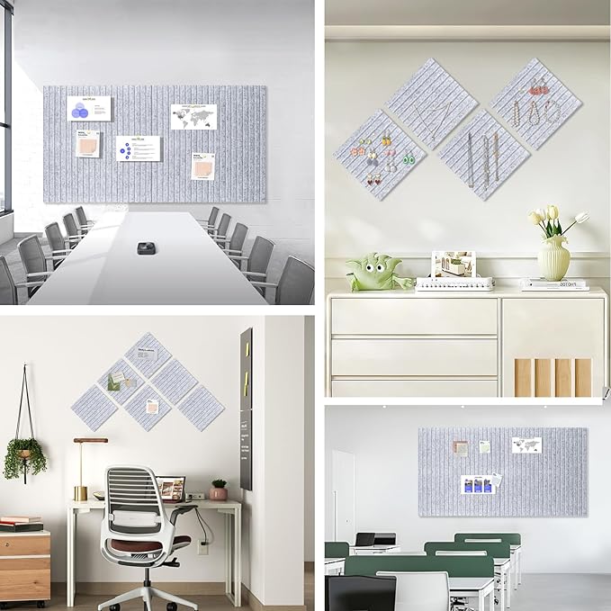 Large Cork Board for Office, 8 Pack Felt Wall Tiles with Slat Wall Paneling, Felt Bulletin Board Pin Board Cork Boards for Walls - Silver Gray