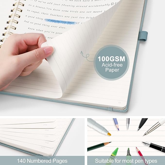 AHGXG Lined Spiral Journal Notebook, B5 Large Notebooks for Women Men, 140 Pages Hardcover Leather Notebook College Ruled, 100 GSM Paper, Notebooks for Work School Note Taking, 7.6" x 10", GrayBlue